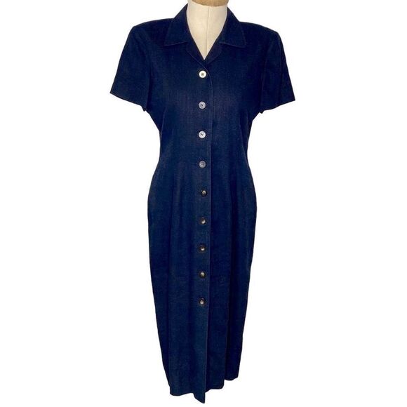 Maggy London Womens Linen Blend Button Front Collared Midi Linen Shift Dress Nav - Picture 2 of 13